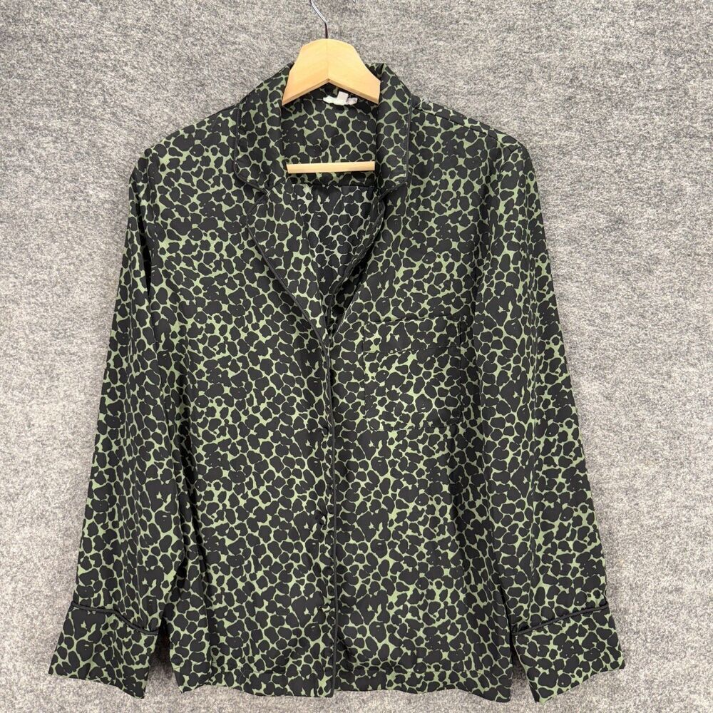 Love Stories Sleepshirt Women M Medium Black Animal Print Button Up Long Sleeve